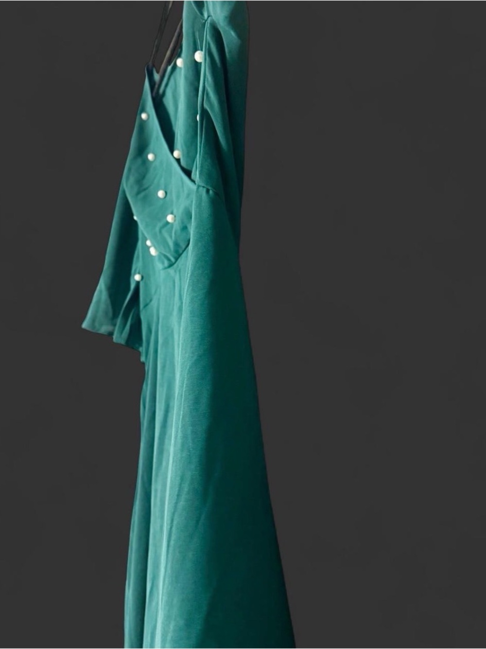 Dress V-Neck Midi Dress Pearls emerald green XL womans T length holiday flowy - Picture 7 of 7